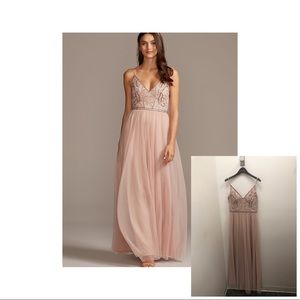 David’s Bridal Skinny Strap Beaded Gown - Petal